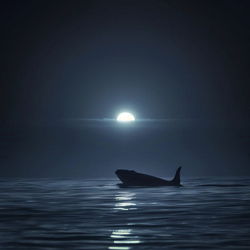 Whale silhouette on moonlit ocean
