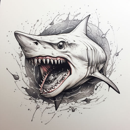 Shark with open teeth, fisheye style, elegant inking