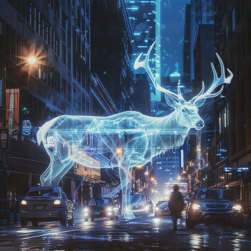 Futuristic cityscape with holographic elk roaming the streets