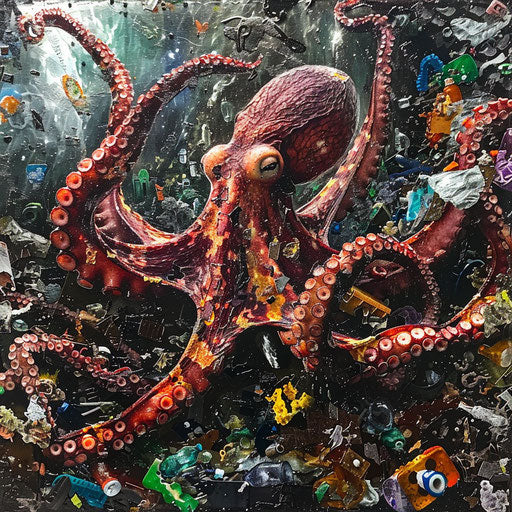 Octopus in a labyrinth of plastic pollution