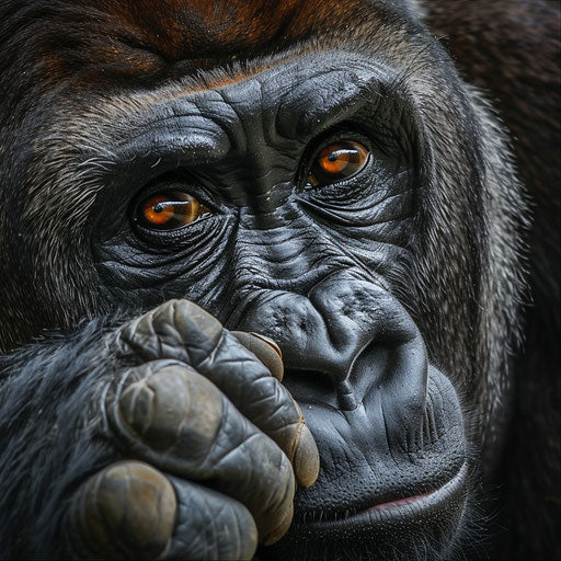 Gorilla's powerful presence, gentle touch, detailed portrait