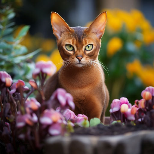 Abyssinian cat in flower bed with beautiful flowers