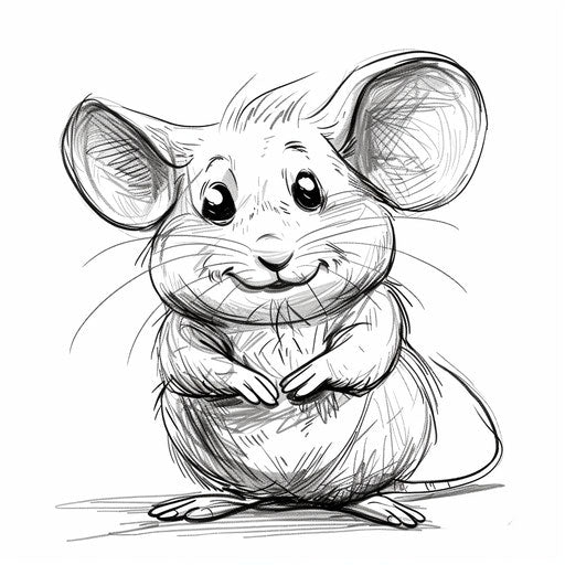 Smiling mouse in simplified line drawing, black and white child's art
