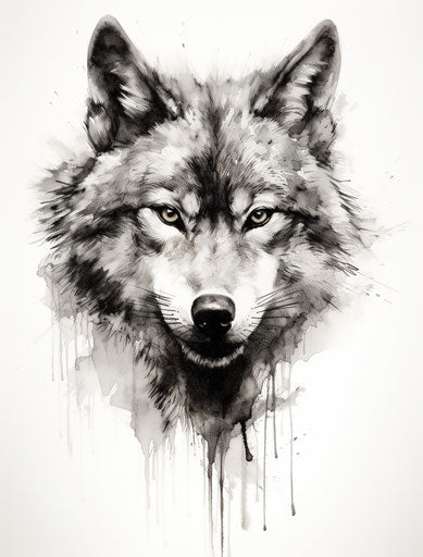 Black and white drawing of a wolf's face