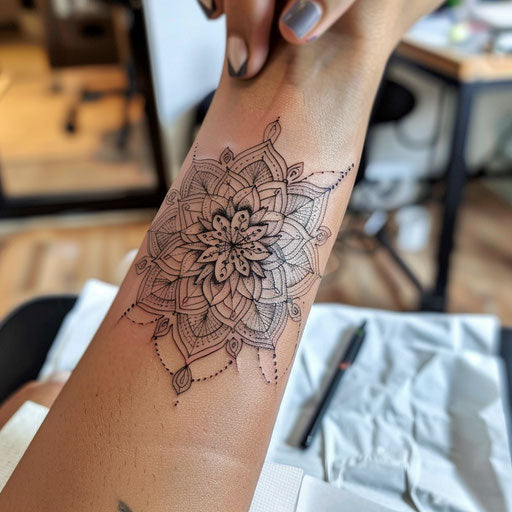 Tattoo sketch of an intricate mandala with geometric patterns for wrist coverup tattoo for women