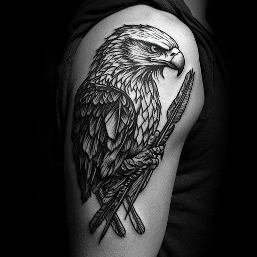 Men's upper arm tattoos with eagle and arrows, Steve Sack style