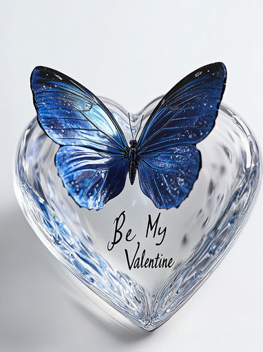 Blue butterfly on heart-shaped glass with black text