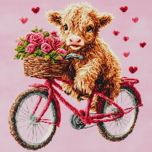 Adorable Baby Highland Cow on a red bike with a basket full of roses, surrounded by hearts, on a pink background. Very detailed cross-stitch pattern.