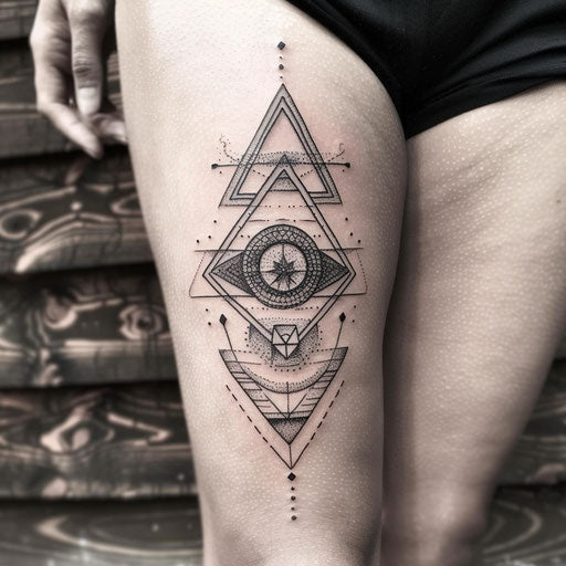 Geometric pattern thigh tattoo in the style of Steve Sack
