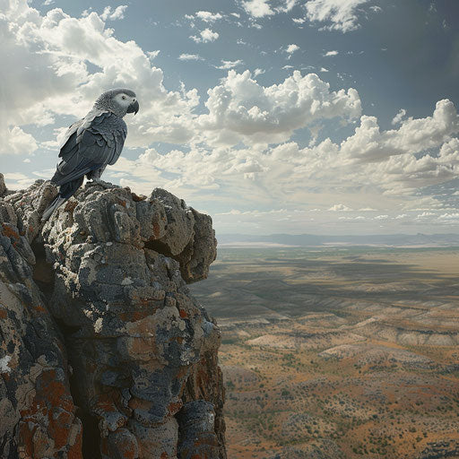 Solitary African grey parrot on a rocky outcrop