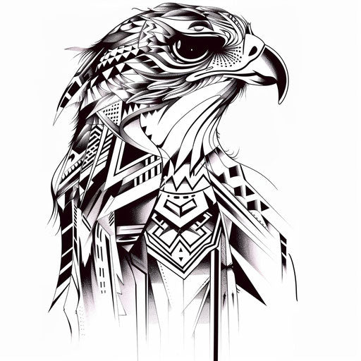 Tribal hawk tattoo with bold black lines and geometric patterns on clean white background
