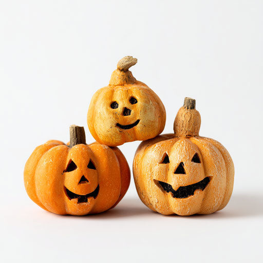 Three cheerful pumpkins against a white background