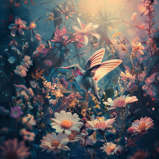 Humming bird moth in whimsical floral landscape