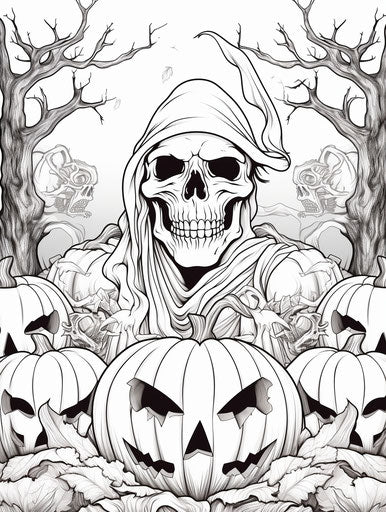 Halloween coloring page with grave head and pumpkins