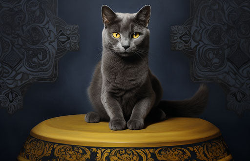 Gray cat sitting on a cushion, dark blue and yellow style, exaggerated features 17:11