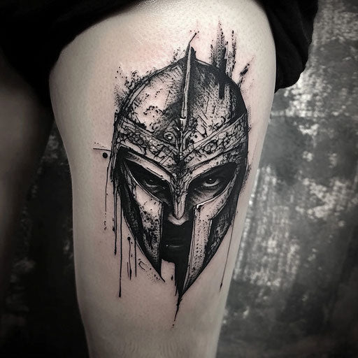 Men's face tattoos with warrior helmet symbol