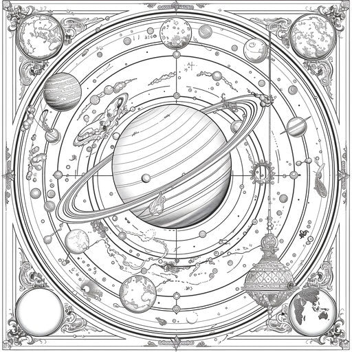 Classic planets with Renaissance patterns in the style of Gennady Spirin coloring book page