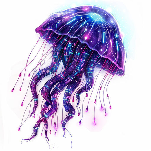 Cyberpunk jellyfish tattoo, neon tentacles on white background