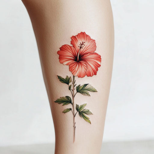 Hibiscus flower tattoo on pure white background in the style of Maria Sibylla Merian on a calf