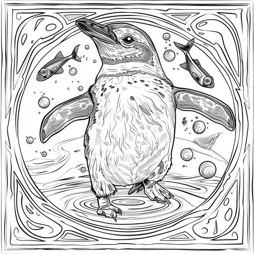 Penguin juggling fish while balancing on one foot