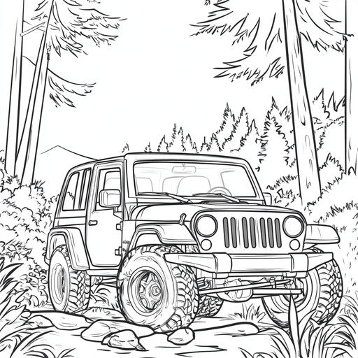 Cartoon-style adventure jeep, in the style of Butch Hartman, Coloring book page