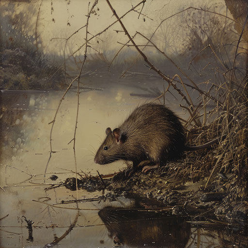 Brown rat near calm riverbank, Vincent Munier style
