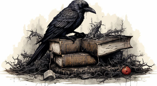 The raven perches on books and flies, skull motif, detailed ink illustration