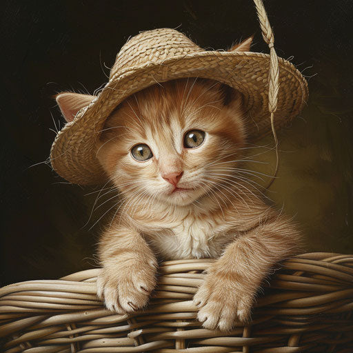 A kitten on the end of a straw hat, unpredictable, troubadour style, contest winner