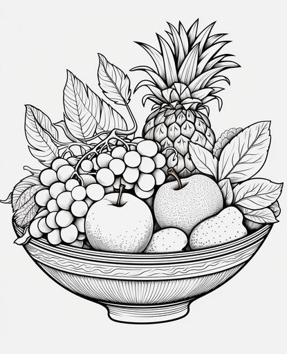Fruit coloring page in a bowl, in a contrasting style, #screenshotsaturday, lovely, goosepunk 25:31