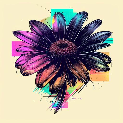 Futuristic tattoo sketch of a daisy in clipart style with neon colors and digital glitch effects