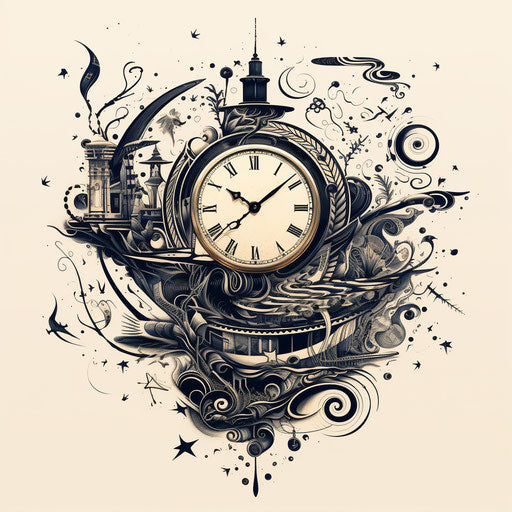 Clock with ornaments in intricate pen illustrator style