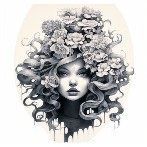 Head full of flowers - art nouveau style black and white