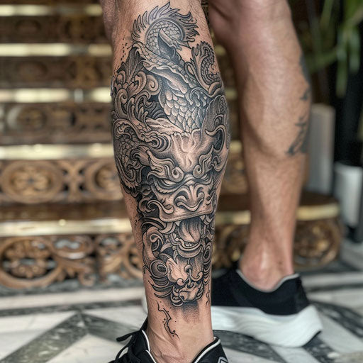 Mythical beast leg tattoo in the style of Glenn Fabry