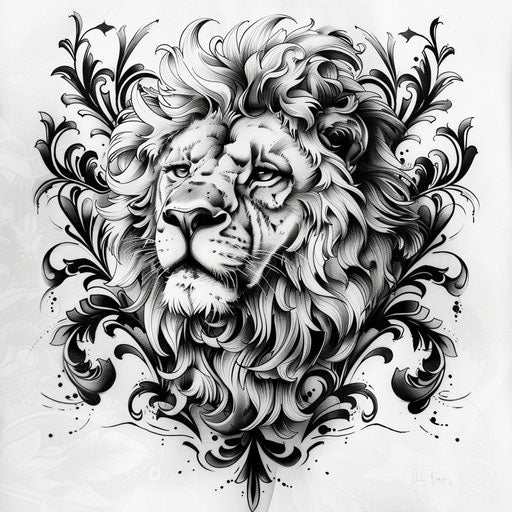 Lion tattoos for men with heroic elements, in the style of Glenn Fabry