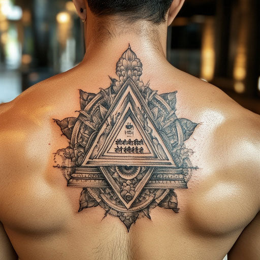 Sak yant tattoo with a protective five-line Yantra and text