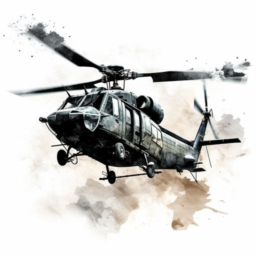 Helicopter illustration in the style of Chiaroscuro Art, on white background