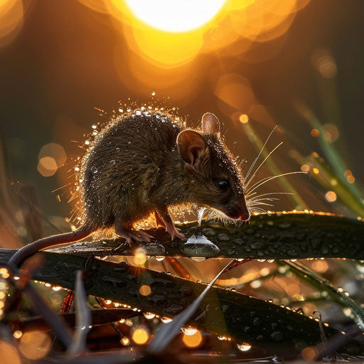 Antechinus drinking from dew-covered leaf at dawn
