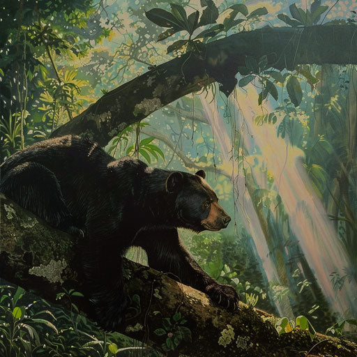 A brown bear resting on a large tree branch in a dense tropical rainforest, sunlight filtering through the canopy above.