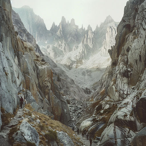 The Pyrenees with climbers on a rugged trail