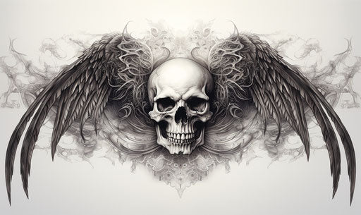 Skull and wings of a viking, detailed engraving style, commission for