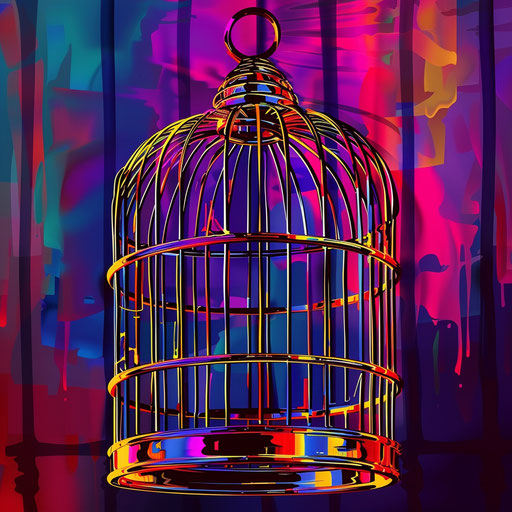 Realistic cage with flat random background, contrasted hues