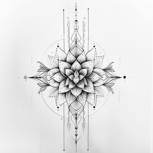 Sketch of a tattoo of a mandala with geometric patterns, symmetrical and elegant, clipart style, flat black ink