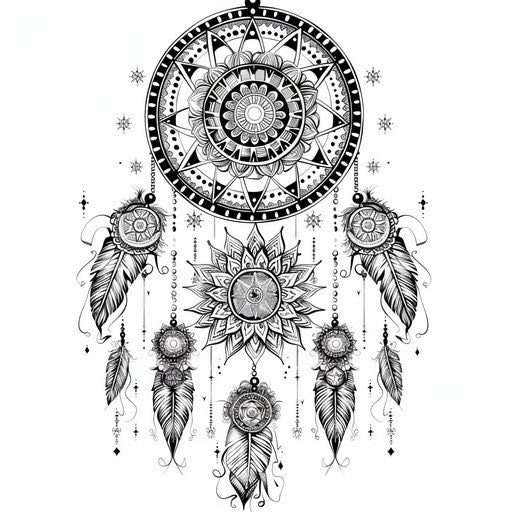 Dream catcher with intricate geometric patterns, coloring page