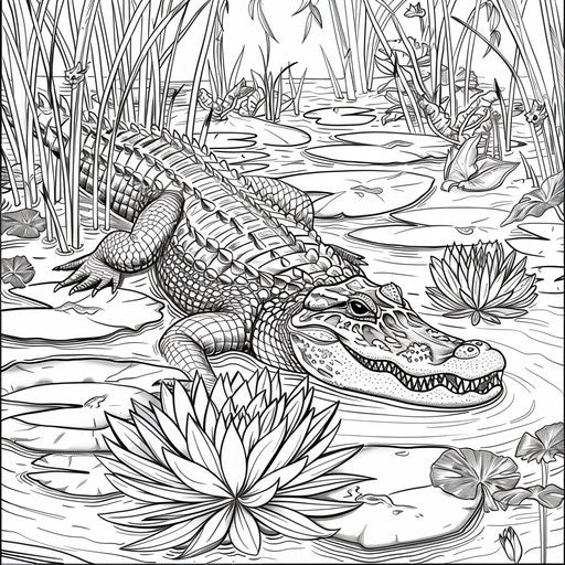 Alligator swimming in a swamp with lily pads and reeds