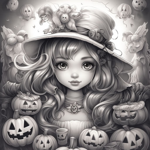 A girl with lots of toys, Halloween cards, coloring book, royalty illustration, in the style of Tim Shumate, Hinchel or, eye-catching, I can't believe how beautiful this is, mono-ha, soft outlines