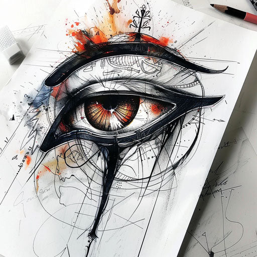 Stylized Eye of Horus tattoo art with abstract and realistic elements on white background