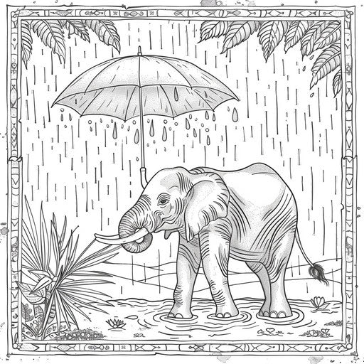 Elephant holding umbrella under rain. Coloring book page