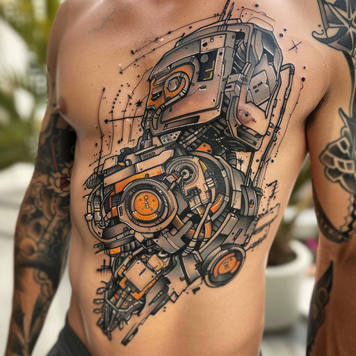 Stomach tattoos of men of a futuristic robot