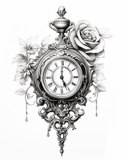 Grisaille pocket watch tattoo design, storybook illustration, subtle detail