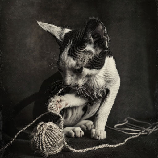 Cornish rex cat playing with yarn